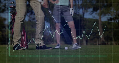 Standing woman and man holding club over ball and tee on golf green, with graph overlay
