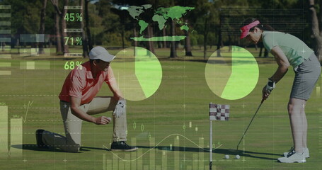 Standing female golfer aligning putter at putting green, with male kneeling, pie charts overlaying