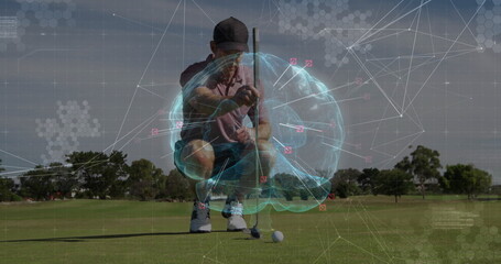 Crouching golfer holding putter lining up golf ball putt on green with digital brain overlay
