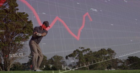 Swinging light-skinned mid-adult male golfer driving ball off tee box, with financial chart overlay