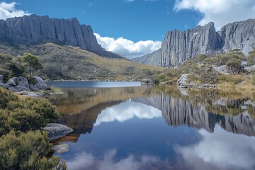 Obraz premium Remote reflective lake with stone cliffs rising steeply behind it and small bushes scattered around 