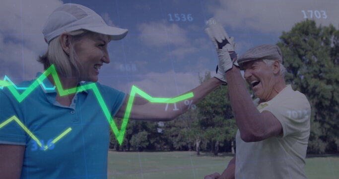 High-fiving couple on golf course fairway wearing caps and golf gloves, with neon green line graph