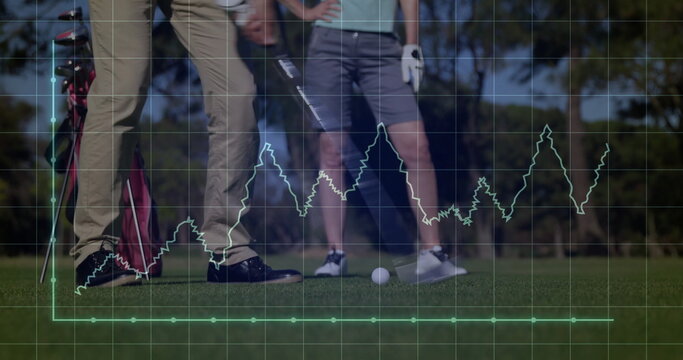 Standing woman and man holding club over ball and tee on golf green, with graph overlay