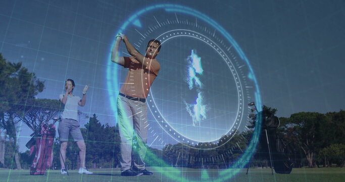 Swinging mature adult man taking golf shot on fairway, with golf bag, golf ball, HUD graphics