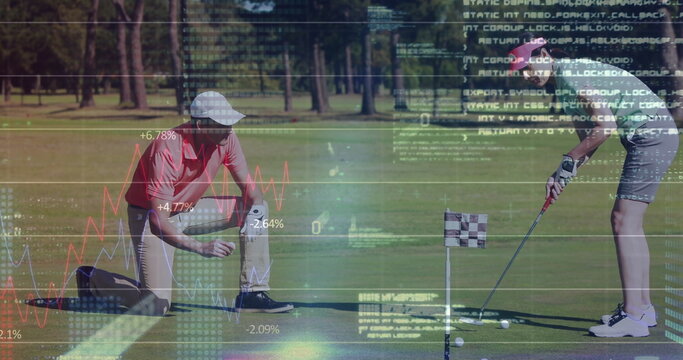 Kneeling and standing golfers in polos inspecting slope, aligning putt on green, with flag and data