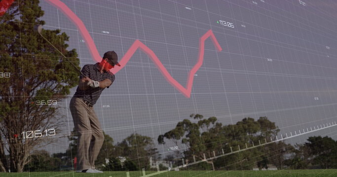 Swinging light-skinned mid-adult male golfer driving ball off tee box, with financial chart overlay - Powered by Adobe