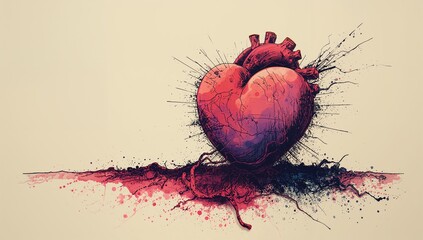 Artistic Interpretation of Red Heart Illustration with Paint Splashes