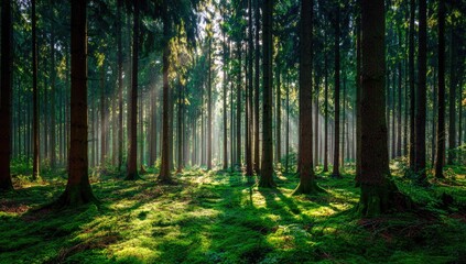 Obraz premium Sunbeams pierce a dense forest