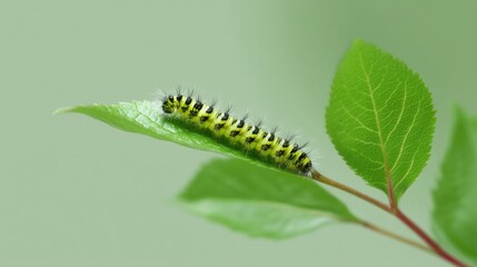 Naklejka premium Close-up of a caterpillar on a green leaf. the caterpillar has a black and yellow striped pattern on its body and legs. it is curled up on the leaf, with its head slightly tilted downwards.