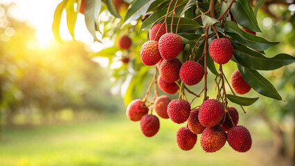 Lychee hanging tree in garden, Lychee on tree branch in natural sunlight background