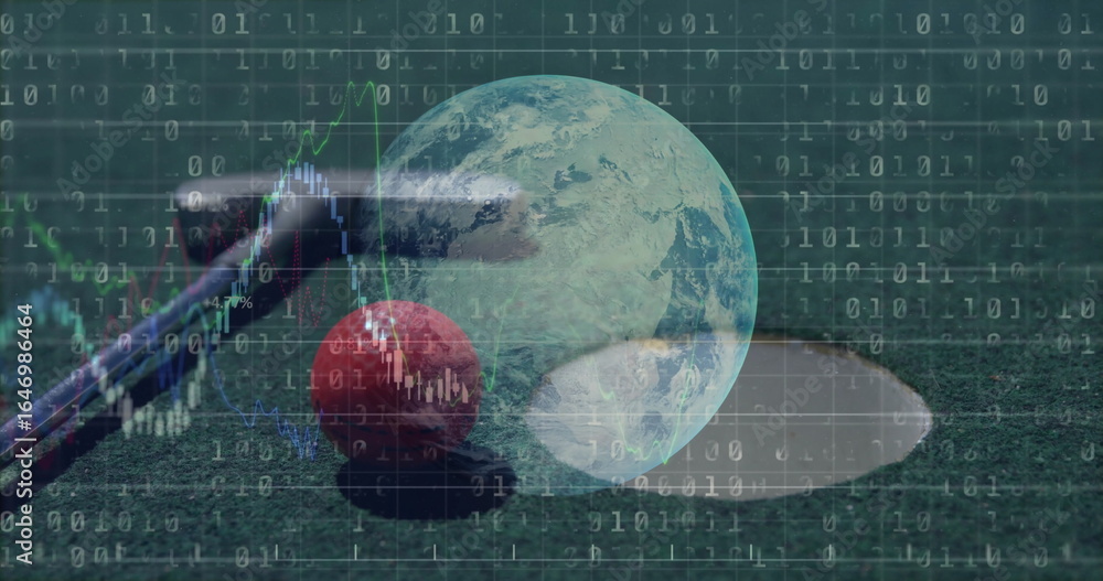 Poster resting red golf ball behind putter on putting green with binary code, chart overlays, copy space