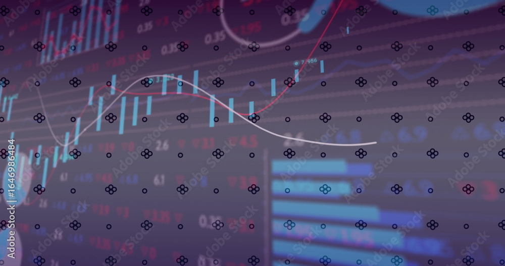 Poster showing dark chart on screen, with candlesticks red-white lines blue bar chart and numeric labels