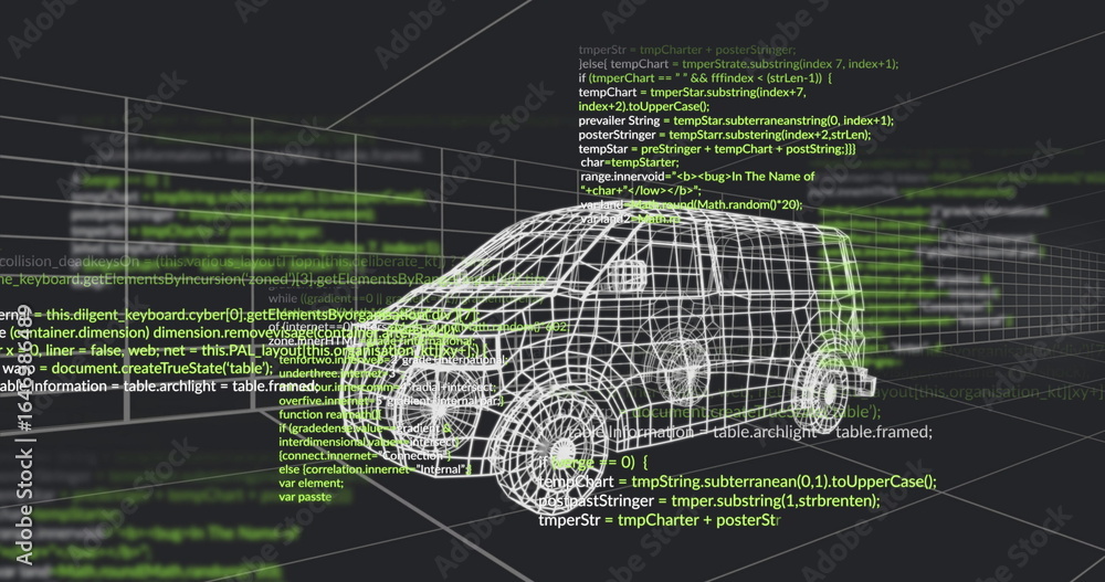 Poster displaying rotating 3d wireframe van in modeling space, with grid lines and code overlays