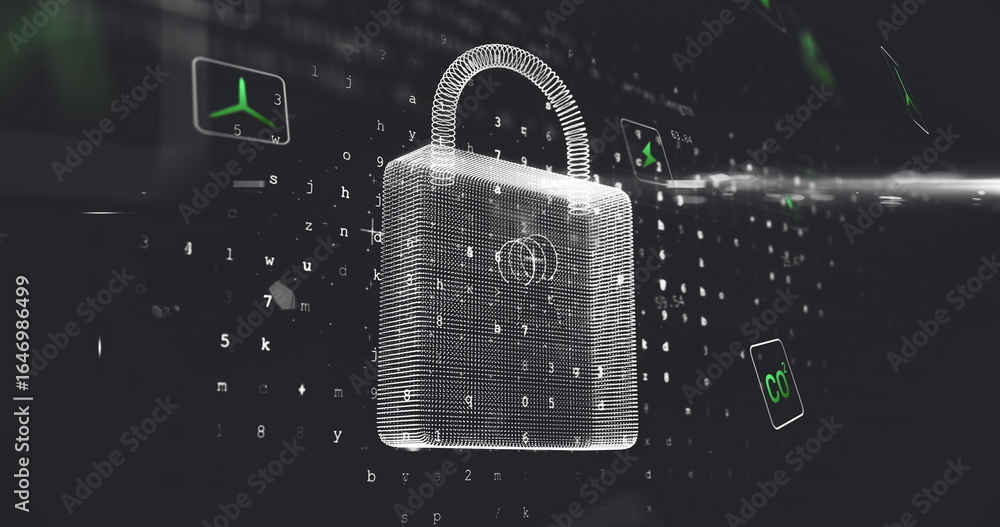 Aufkleber floating wireframe padlock hovering in cyberspace, with alphanumeric code streams and green icons