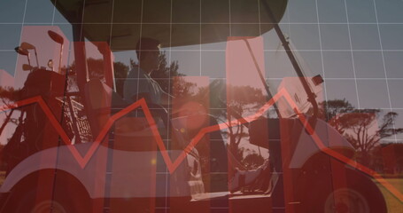 Sitting golfer wearing polo in golf cart on fairway, with golf bag, grid, red line overlay