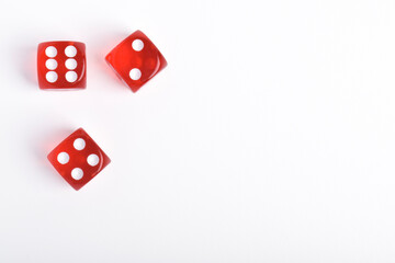 Three dices isolated on white background, top view