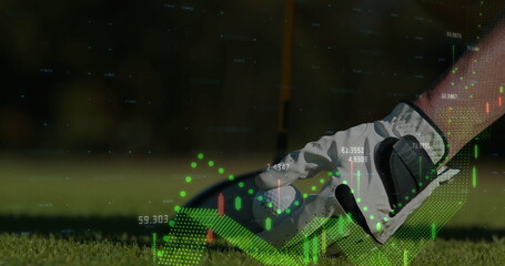 Placing golf ball with gloved hand on tee at golf course fairway, with candlestick chart overlay