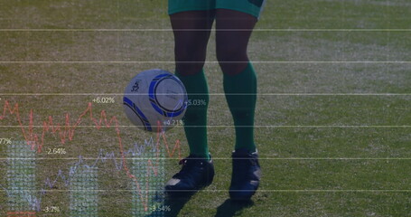 Dribbling soccer player wearing green kit and black cleats on soccer pitch with ball, chart overlay