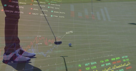 Positioning golfer in golf shoes on putting green, with putter, ball and financial data, copy space