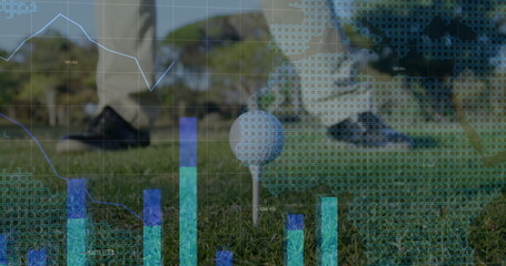 Featuring golf ball on white tee at tee box, with khaki-trousered golfer and analytics overlay