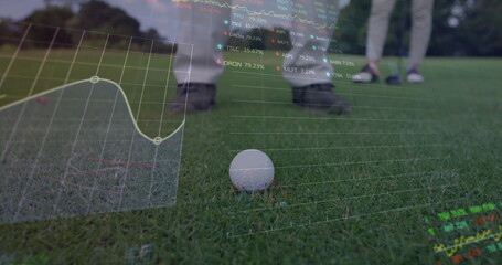 Sitting white golf ball on putting green at golf course, with golf shoes, translucent data overlay