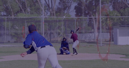 Pitcher in blue jersey winding up on community park mound, with batter swinging baseball bat