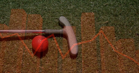 Featuring red golf ball and putter head resting on putting green, with orange bar chart overlay