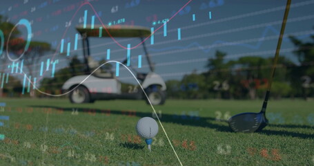 Displaying white golf ball sitting on blue tee on fairway, with driver head, stock market overlays