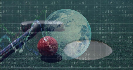 Resting red golf ball behind putter on putting green with binary code, chart overlays, copy space