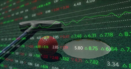 Displaying red golf ball near hole cup with putter on green, overlaying stock tickers and graph
