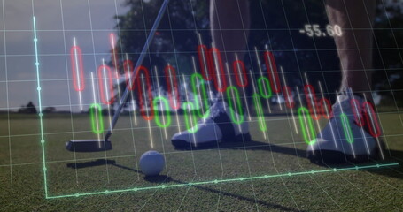 Golfer aligning putter at ball on putting green wearing golf shoes, with financial chart overlay