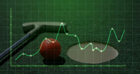 Showing red golf ball resting on putting turf near hole cup, with chart overlay, copy space