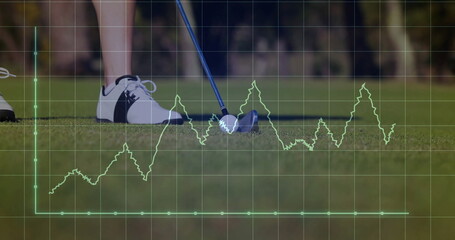 Showing golfer's legs and putter head aligning behind golf ball on putting green, with data overlay
