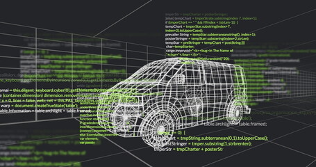 Displaying rotating 3D wireframe van in modeling space, with grid lines and code overlays