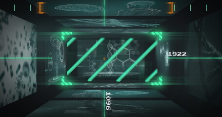 Displaying central hologram panel projecting in lab data tunnel, with DNA helix, neon grid overlays