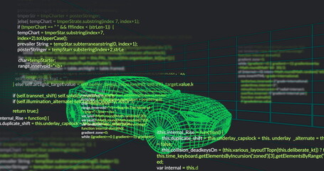 Displaying code editors, source code lines, 3D wireframe car and grid on computer screen