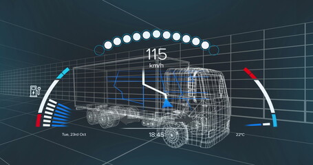 Displaying wireframe semi-trailer truck model rotating in blue virtual chamber, with UI elements