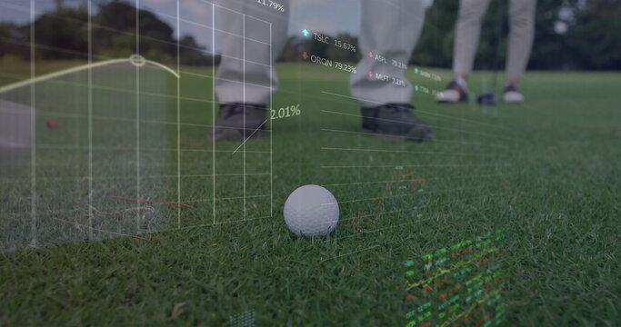 Resting white dimpled golf ball on putting green, with golfers analyzing augmented data overlays - Powered by Adobe