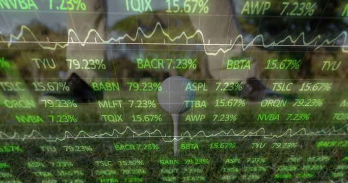 Displaying single golf ball sitting on T-shaped tee over well-mown grass, with stock ticker overlay