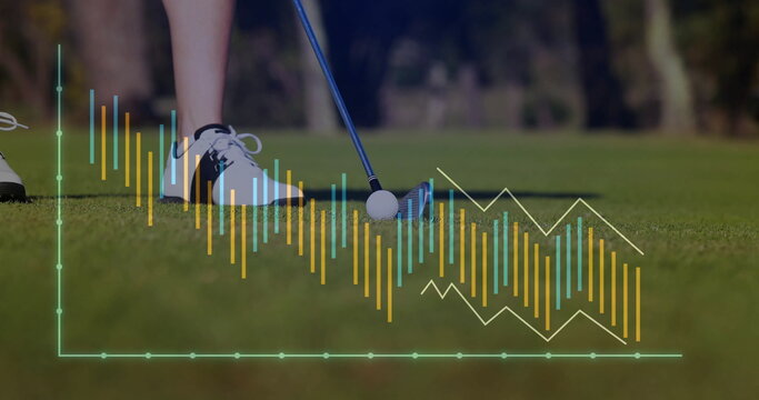 Standing golfer wearing golf shoes on green fairway, featuring golf ball, club head, chart overlay