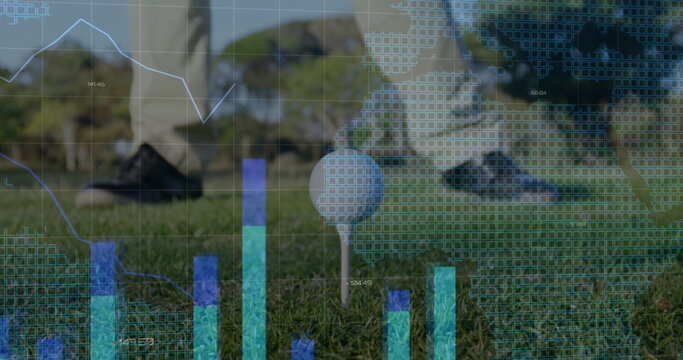 Featuring golf ball on white tee at tee box, with khaki-trousered golfer and analytics overlay