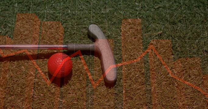 Fototapeta Featuring red golf ball and putter head resting on putting green, with orange bar chart overlay