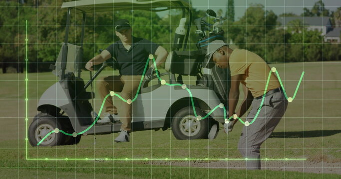Sitting golfer in golf cart on fairway, watching partner swinging club with line graph overlay