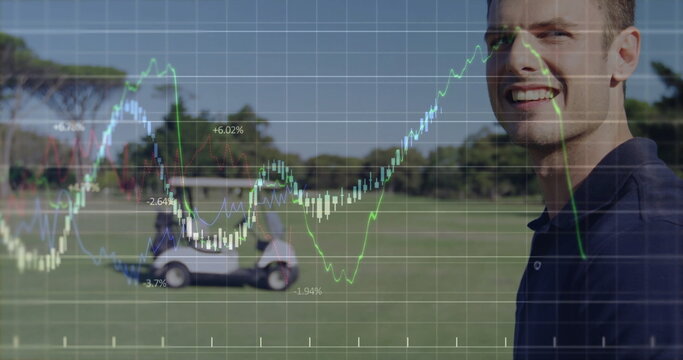 Standing man wearing polo shirt scanning golf fairway, with golf cart and graph overlay, copy space