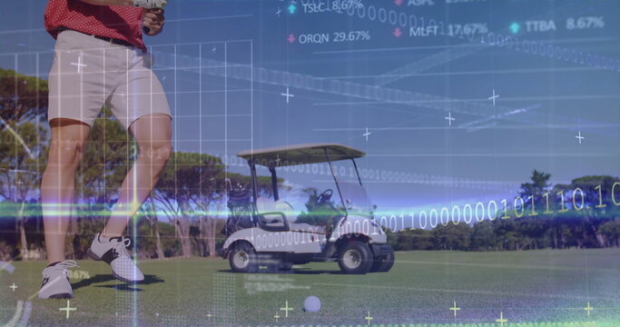 Standing golfer wearing red polo white shorts on golf fairway, with golf ball, digital overlay