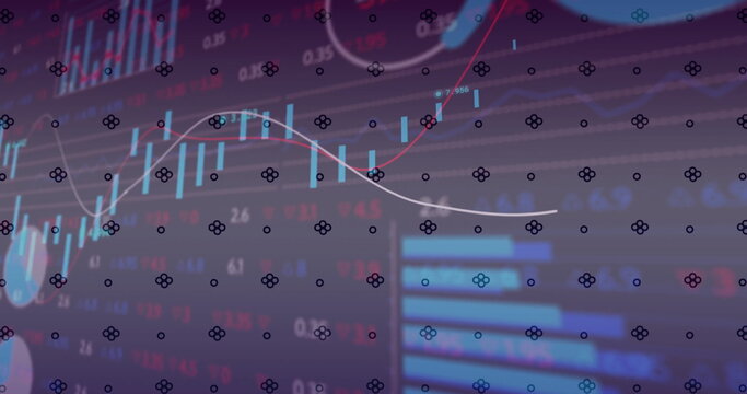 Showing dark chart on screen, with candlesticks red-white lines blue bar chart and numeric labels