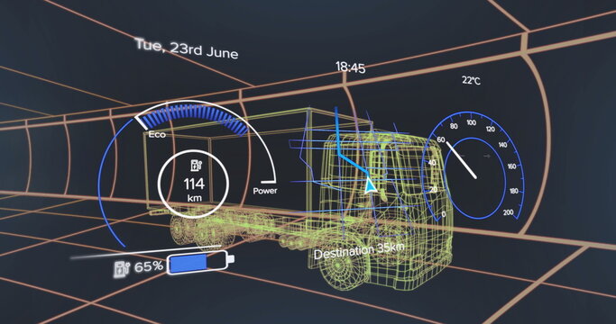Displaying 3D wireframe truck model navigating grid-line tunnel, with Eco gauge and battery icon