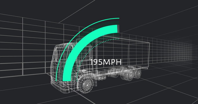 Fototapeta Showing 3D wireframe semi-truck and trailer racing inside grid tunnel, with green 195MPH gauge