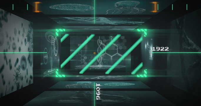 Displaying central hologram panel projecting in lab data tunnel, with DNA helix, neon grid overlays
