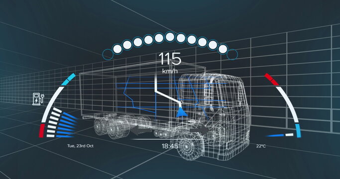 Fototapeta Displaying wireframe semi-trailer truck model rotating in blue virtual chamber, with UI elements